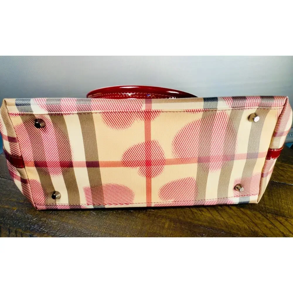 Authentic Burberry Heart Nova Check Tote Bag Coated Canvas Red Patent Trim Charm